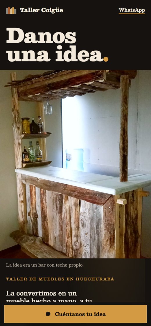 La portada del sitio en un celular: el título, la foto del bar y el botón «Cuéntanos tu idea» fijo abajo