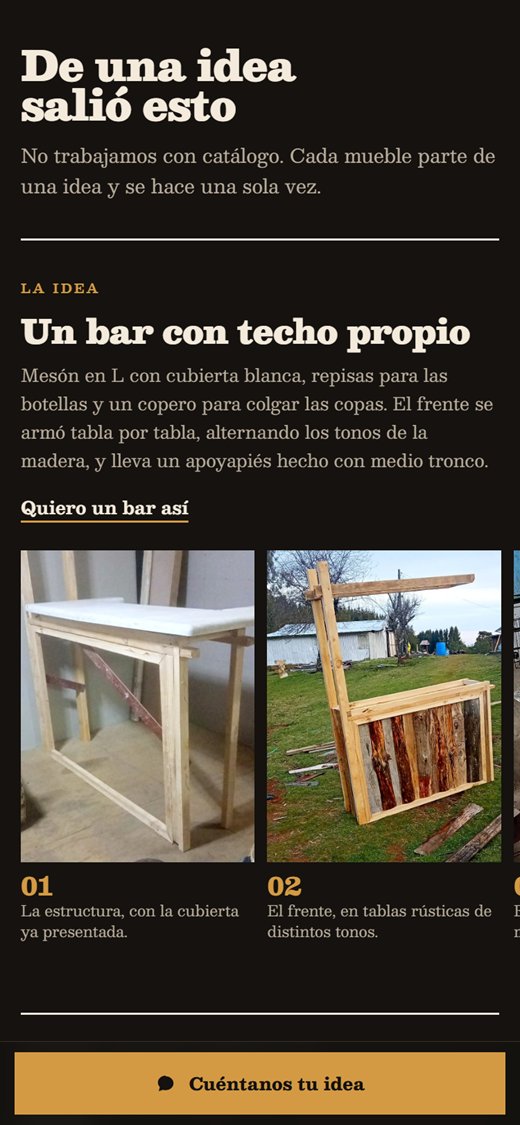 La sección de trabajos en un celular: la descripción del bar y sus fotos numeradas en una tira