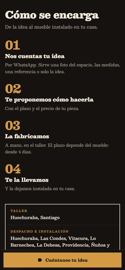 La sección «Cómo se encarga» en un celular: cuatro pasos numerados y la ficha con los datos del taller