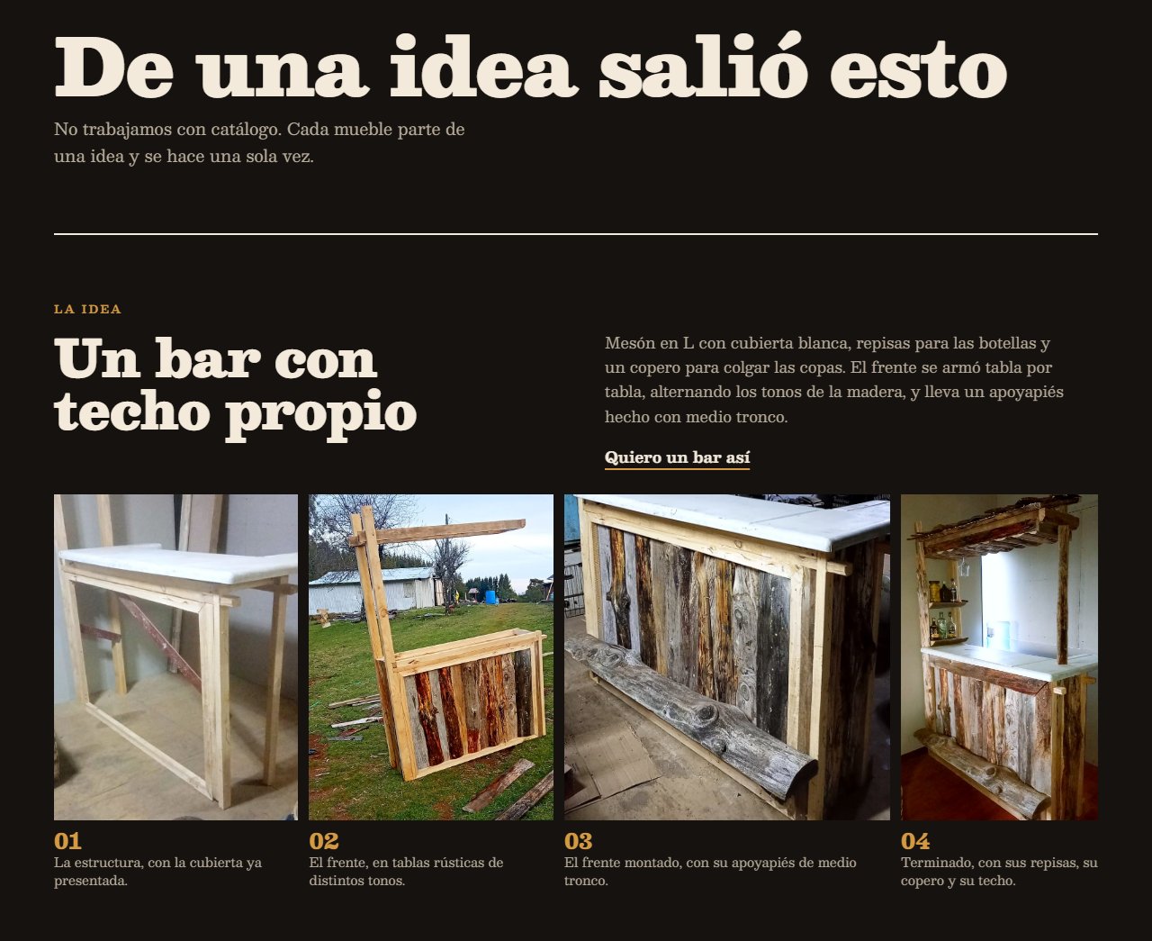 Sección «De una idea salió esto» del sitio de Taller Coigüe: el bar con techo contado en cuatro fotos numeradas, de la estructura al mueble terminado